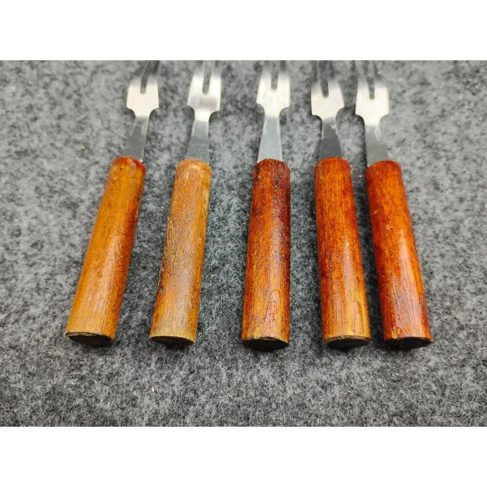 Vintage MCM Appetizer Cocktail Mini Forks Set Of 5 Wood Handle